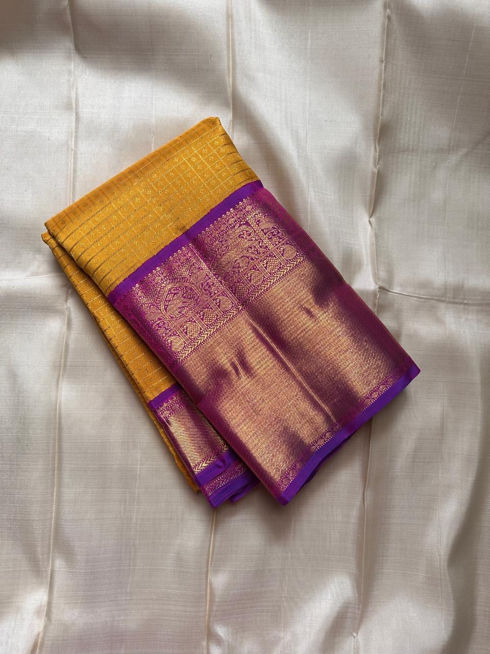 Golden Turmeric Yellow Kancheepuram Saree — full drape, pure silk Kanchipuram handwoven — Idam Living