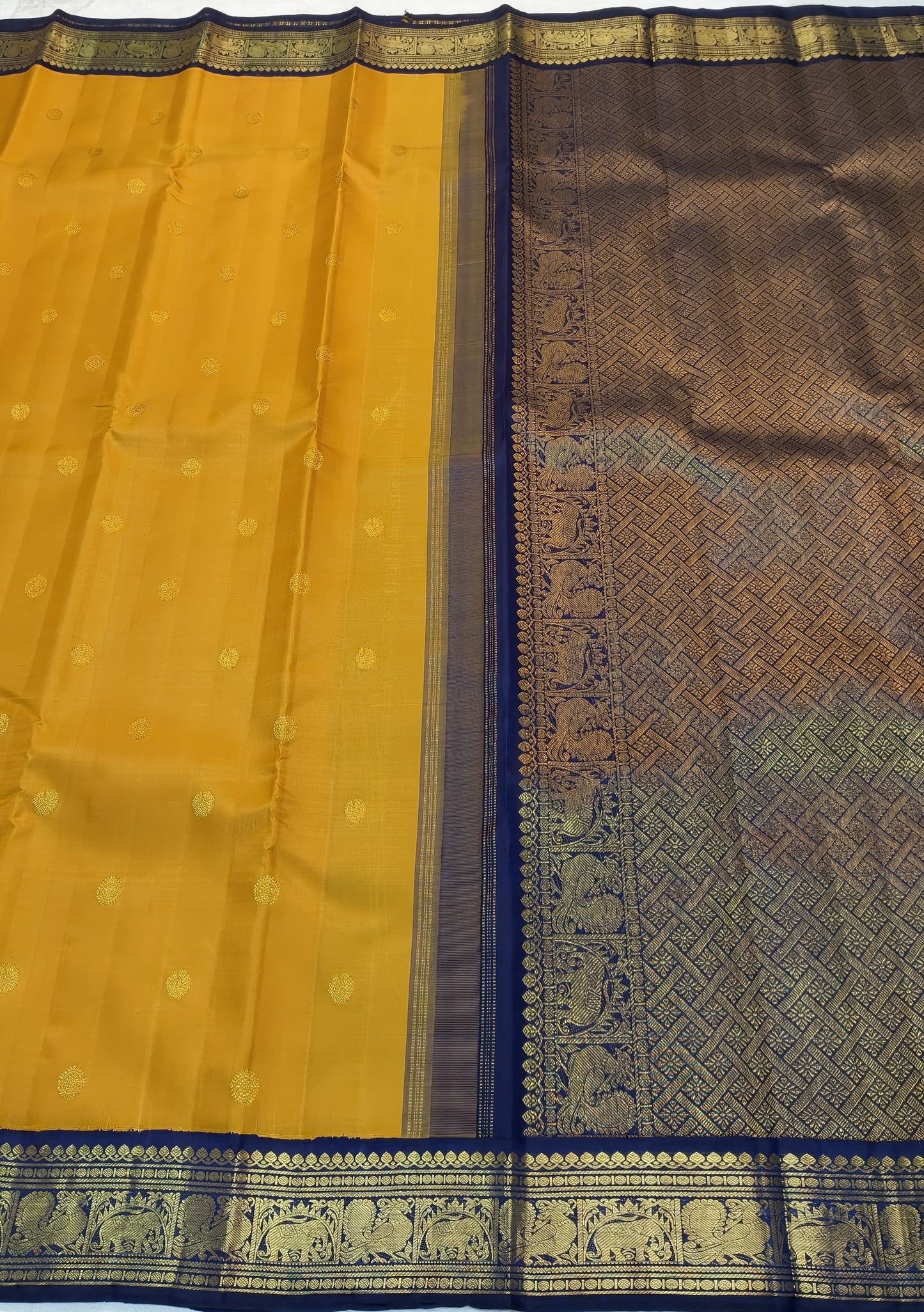 Golden Yellow Handwoven Pure Silk KanchiPattu Saree with Navy Korvai Zari Border