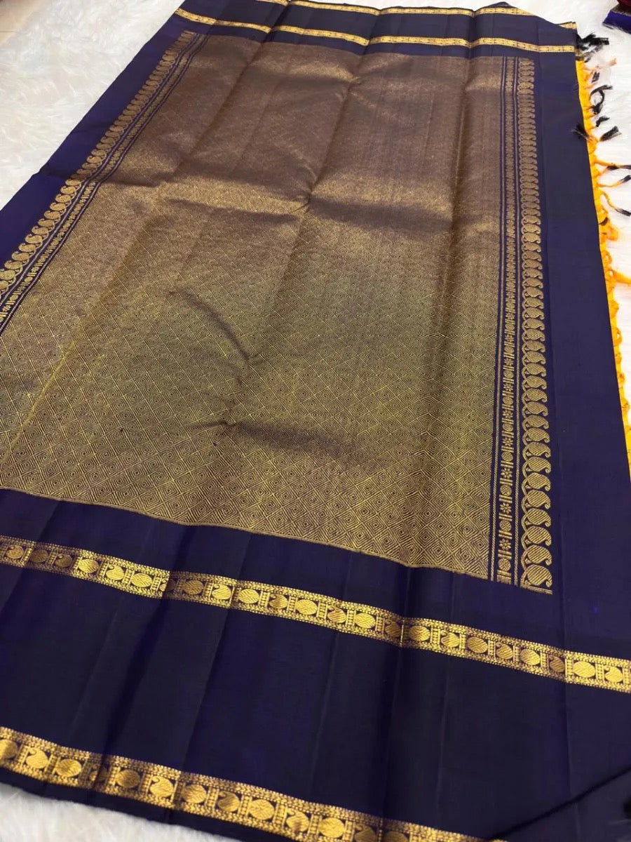 Deep Indigo Kanchipuram border with traditional gold zari detailing