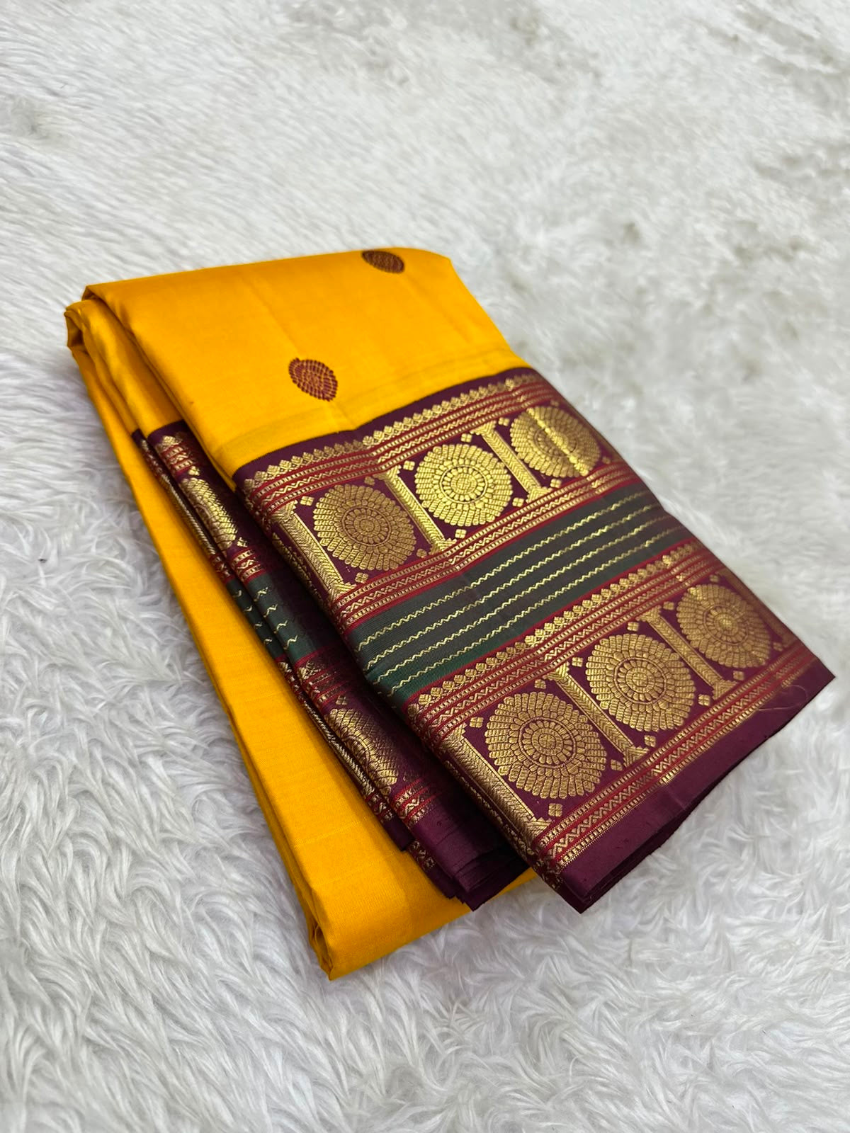 Golden yellow Kanjivaram Korvai pure silk saree overview