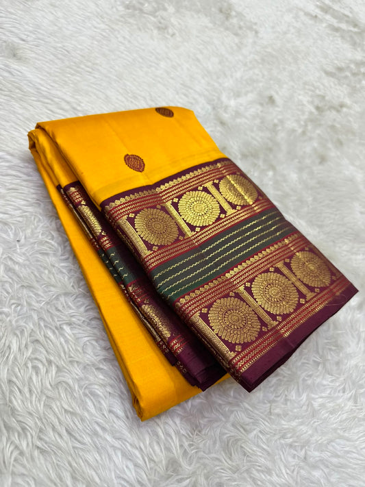 Golden yellow Kanjivaram Korvai pure silk saree overview