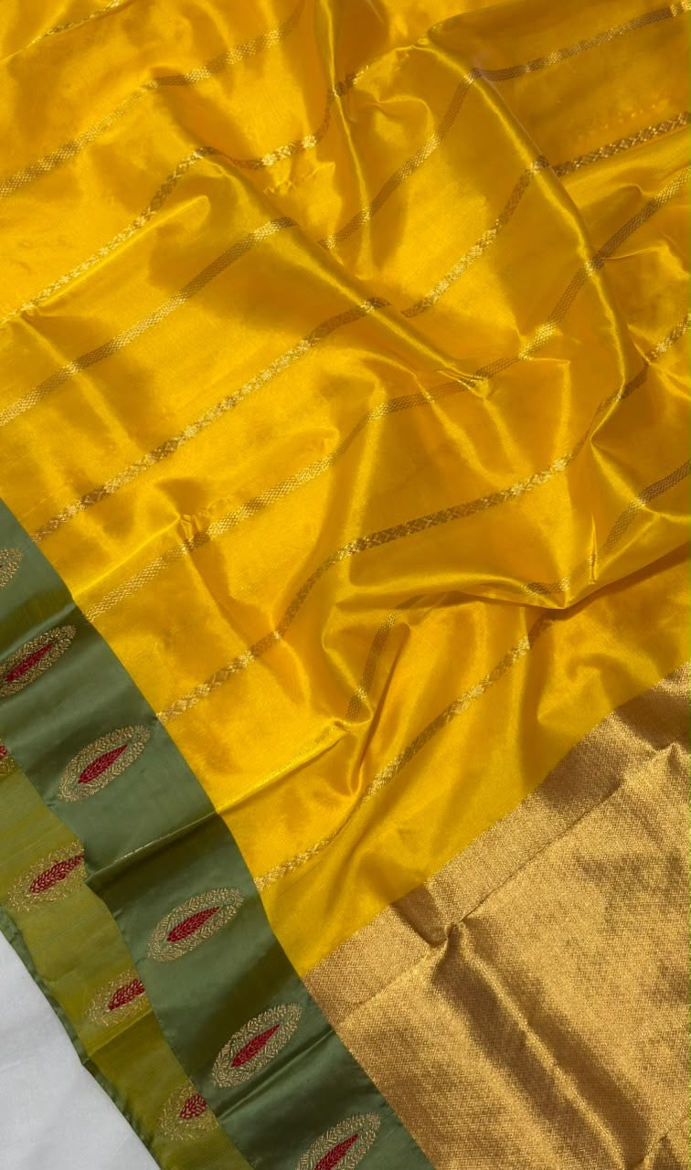 Golden yellow Pattu Silk Chanderi with olive-green border