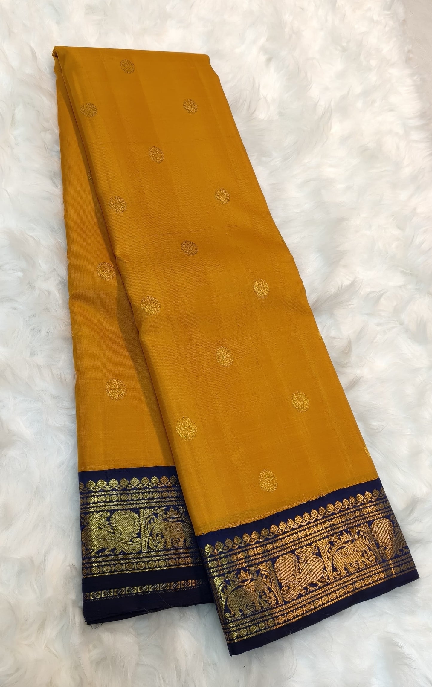 Golden Yellow Handwoven Pure Silk KanchiPattu Saree with Navy Korvai Zari Border