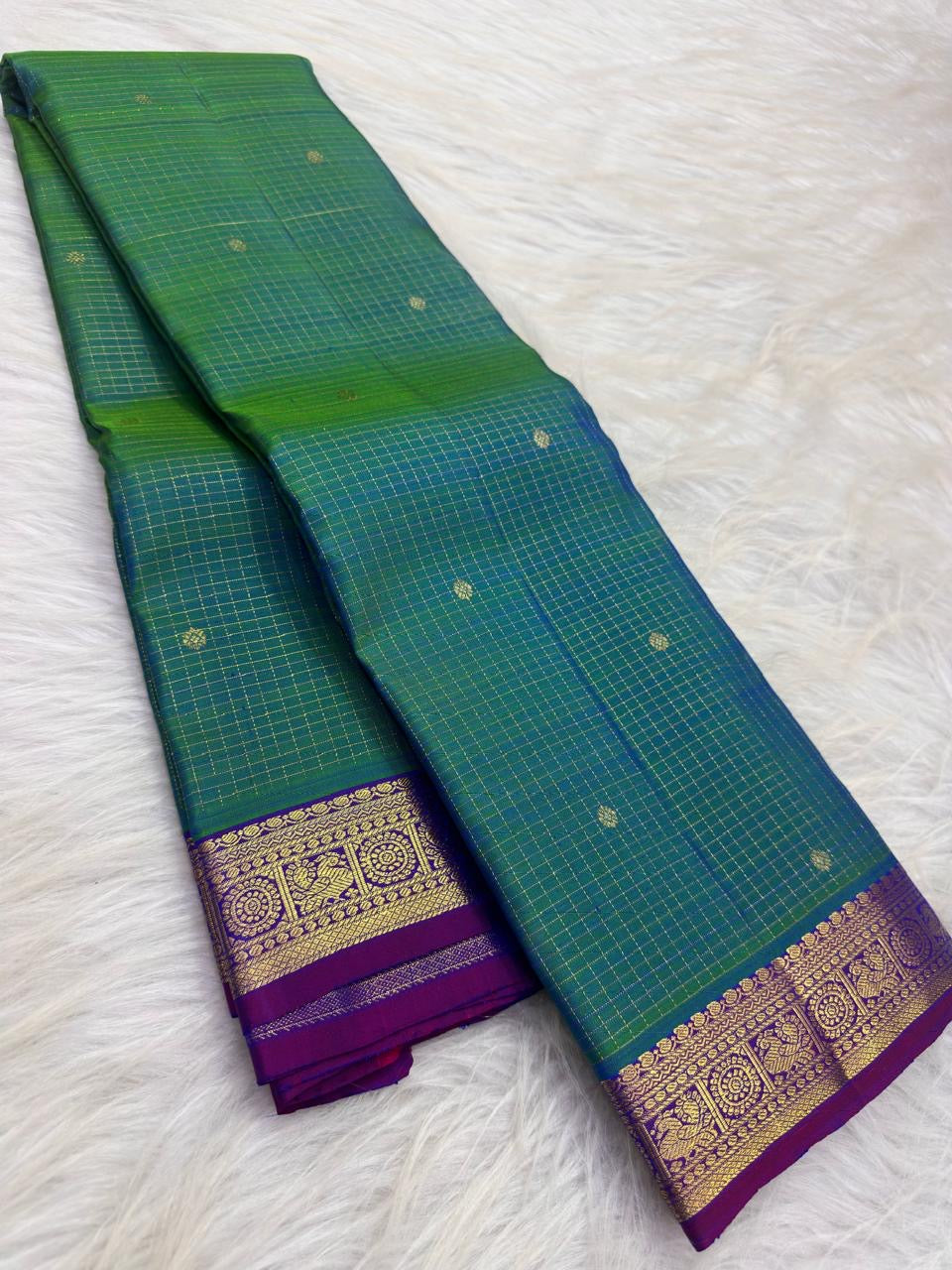 Green Blue Kanjivaram silk saree with fine gold zari checks and Poo Buttas