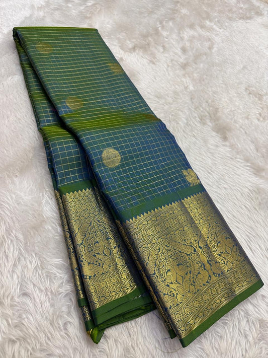 green blue shot kanjivaram saree with traditional zari grid pattern closeup