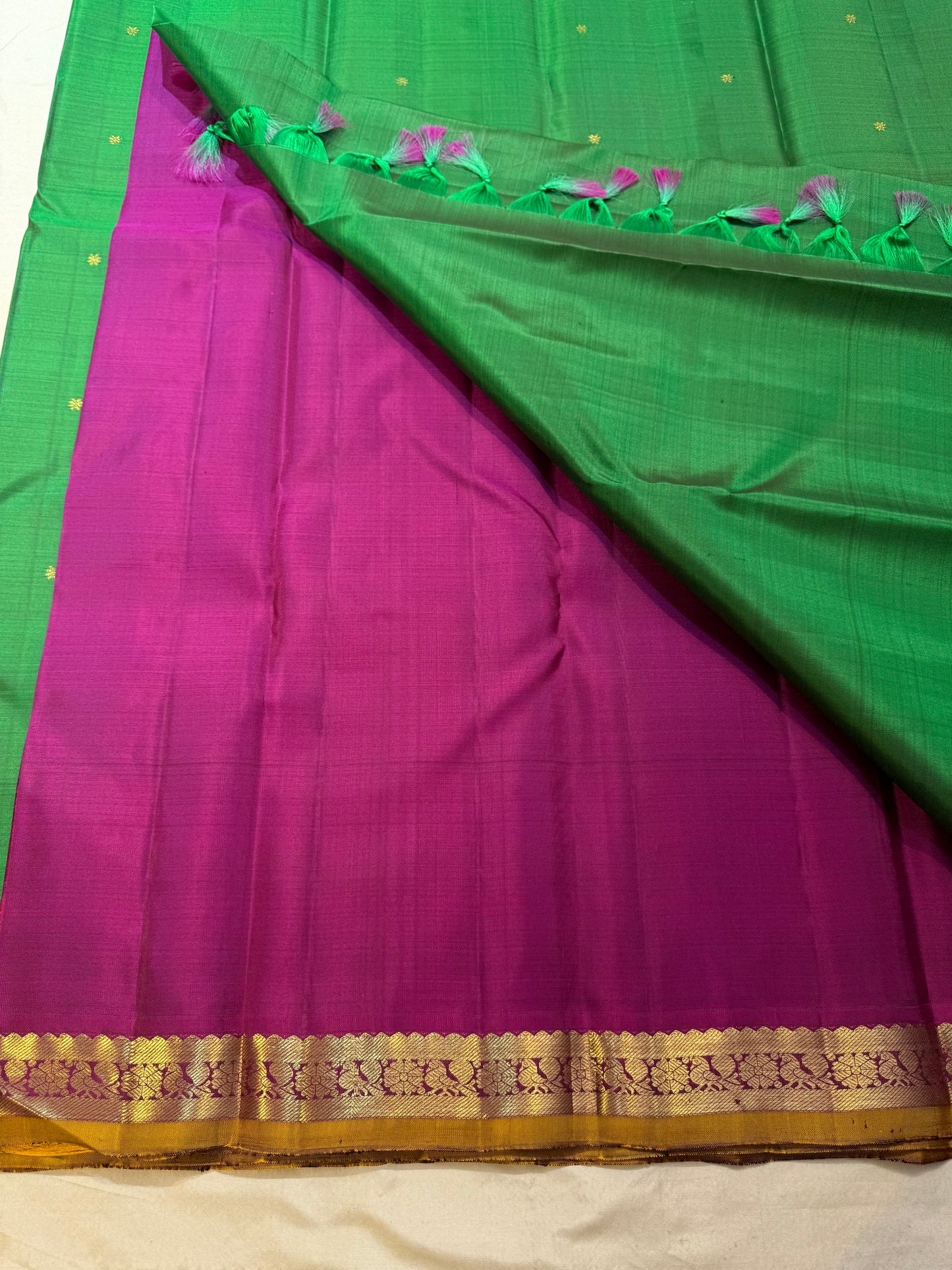 Green Butta pure silk Kancheepuram saree with magenta-gold border — full overview — Idam Living