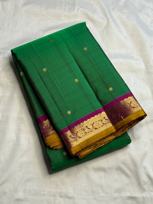 Pallu detail showing magenta ground with gold zari edge, green Kancheepuram saree