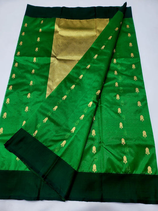 Green Chanderi saree draped styling highlighting rich tone and lightweight silk texture