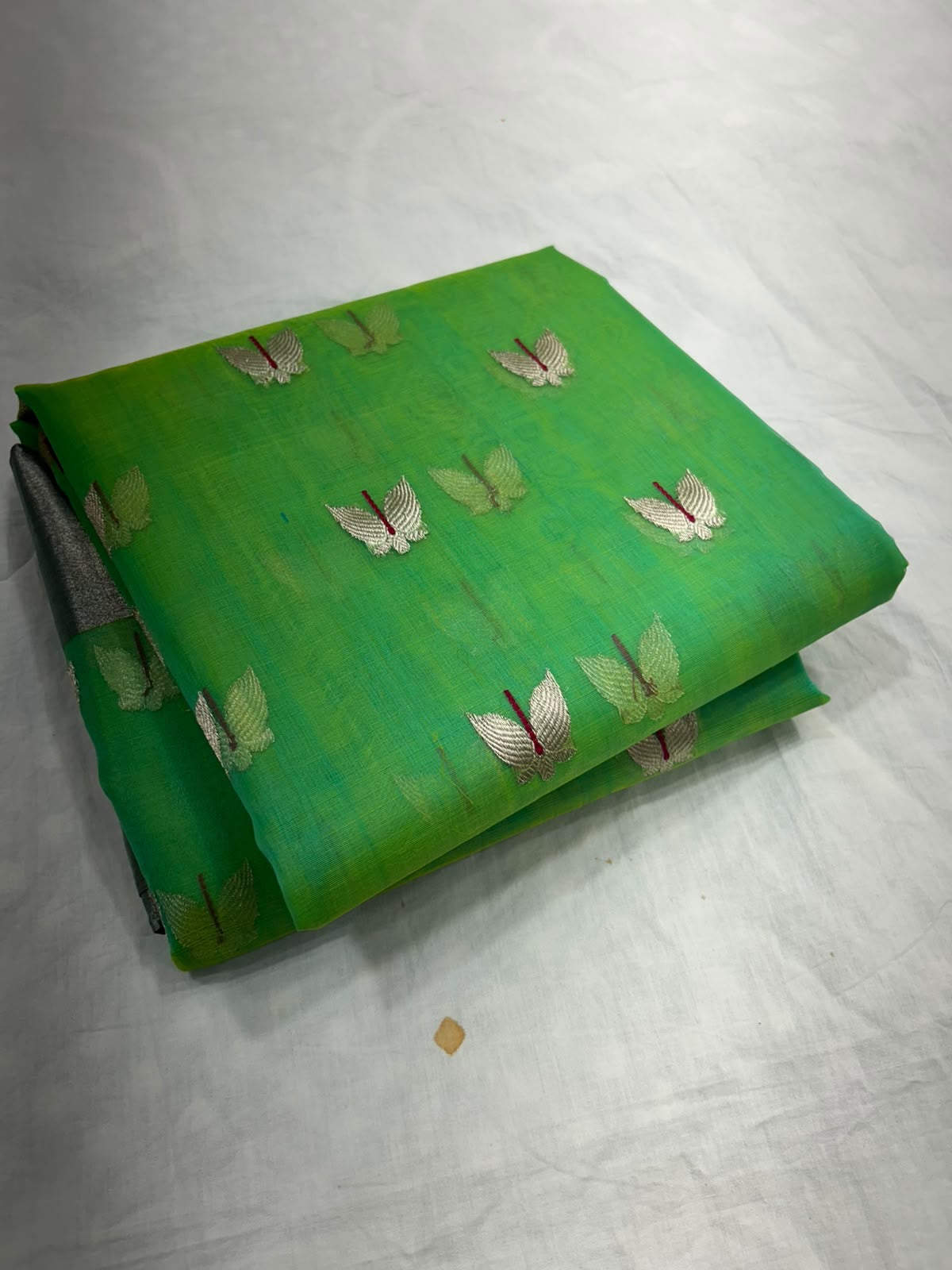 Leaf green Chanderi with silver floral buttas