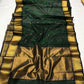 Deep Emerald Green Katan Silk Chanderi saree pallu with expansive antique-gold woven field and fine repeating texture.