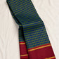Green and cobalt blue handwoven Pure Silk Kanjivaram Kanchi Kattam saree with gold grid lines and red Rettapet border, border detail