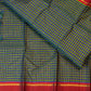 Green and cobalt blue handwoven Pure Silk Kanjivaram Kanchi Kattam saree with gold grid lines and red Rettapet border, pallu detail