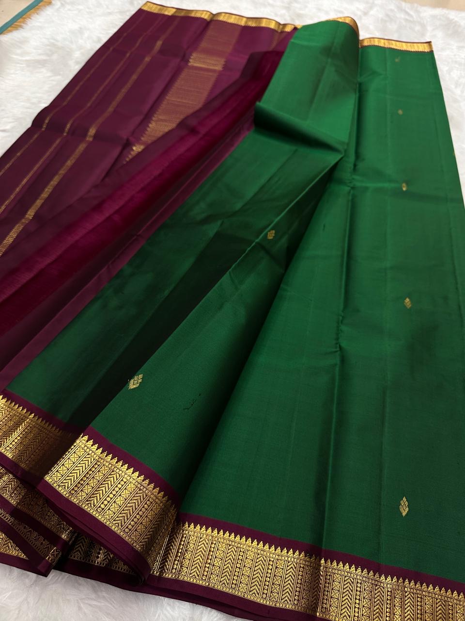 Lightweight Green Kanchipuram Silk Saree – Maroon Zari Pallu