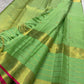 Close view of Kili Pachai green pure silk with individually spaced classic-gold zari buttas across the checked body.