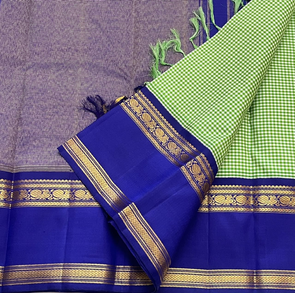 Pistachio Green Handwoven Pure Silk Kancheepuram Kanchi Kattam Saree with Neelam Blue Gold Zari Border