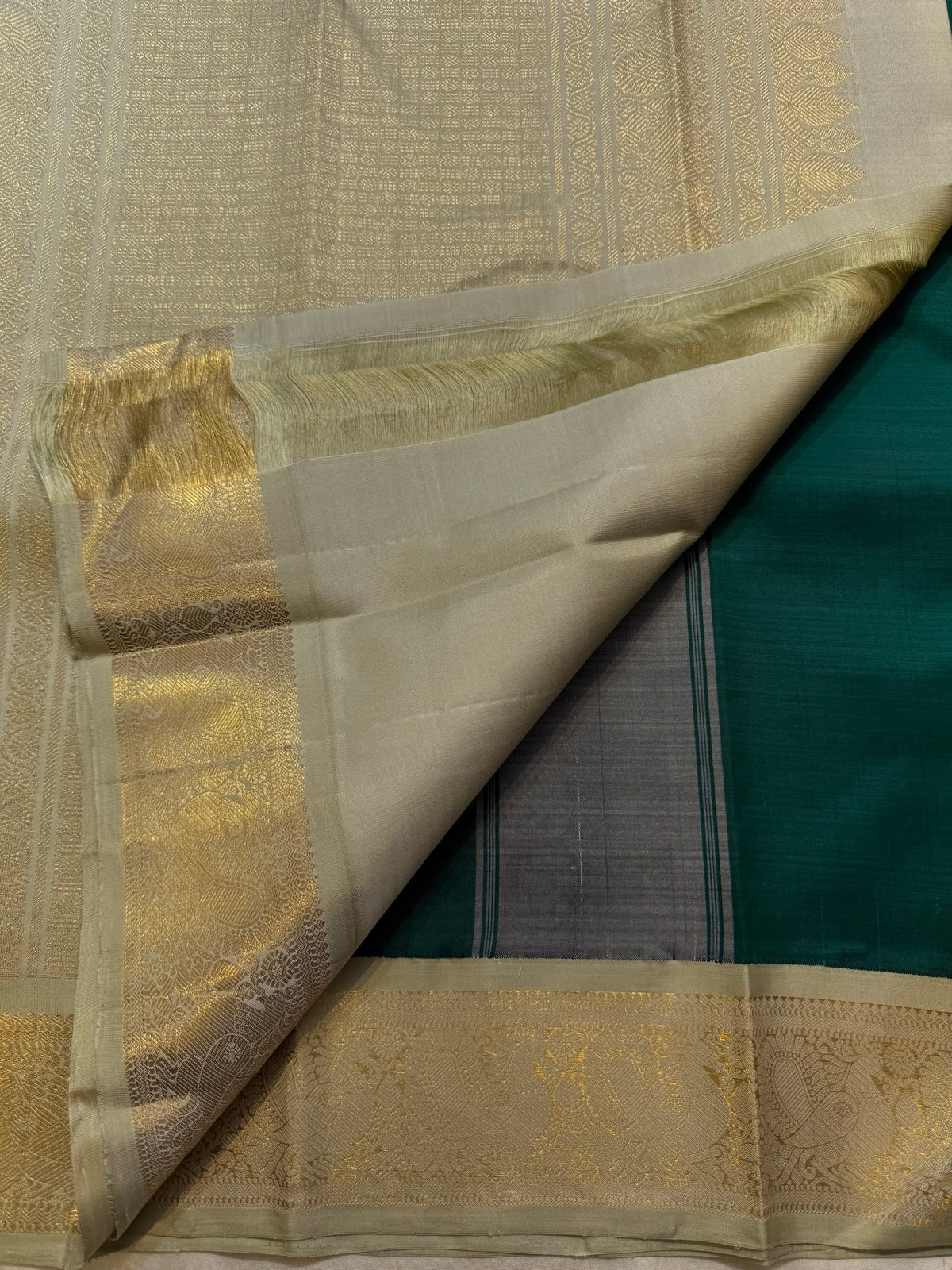 Green Korvai Kanchipuram pure silk saree draped view