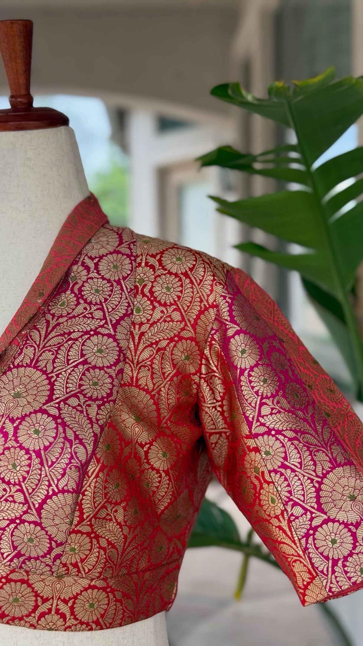 Green Meenakari detail on a pure silk Banarasi brocade blouse, Idam Living