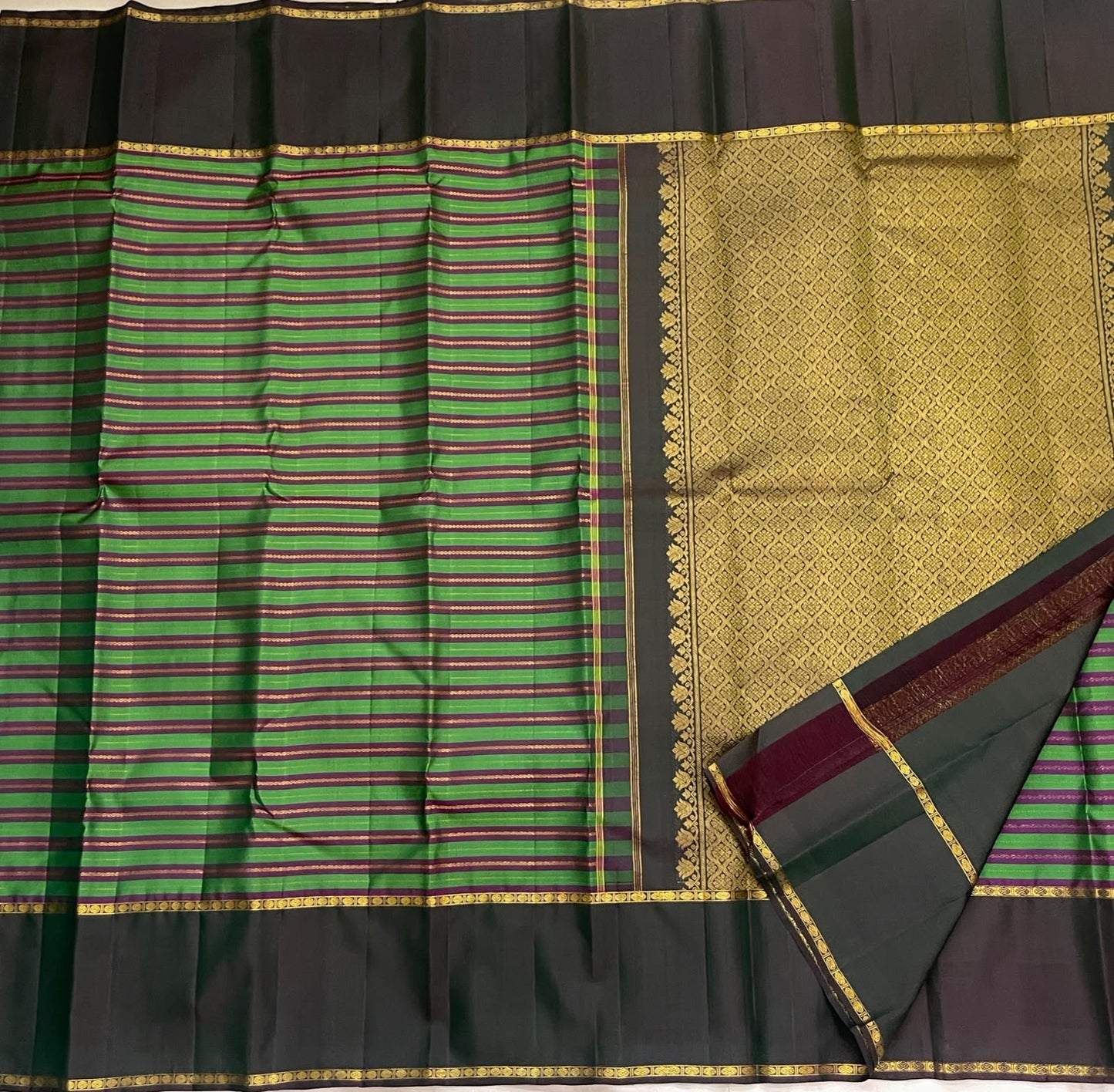 Parrot Green and Deep Purple Handwoven Pure Silk Kanjipuram Rettapet Saree with Veldhari Vazhaipoo Stripes