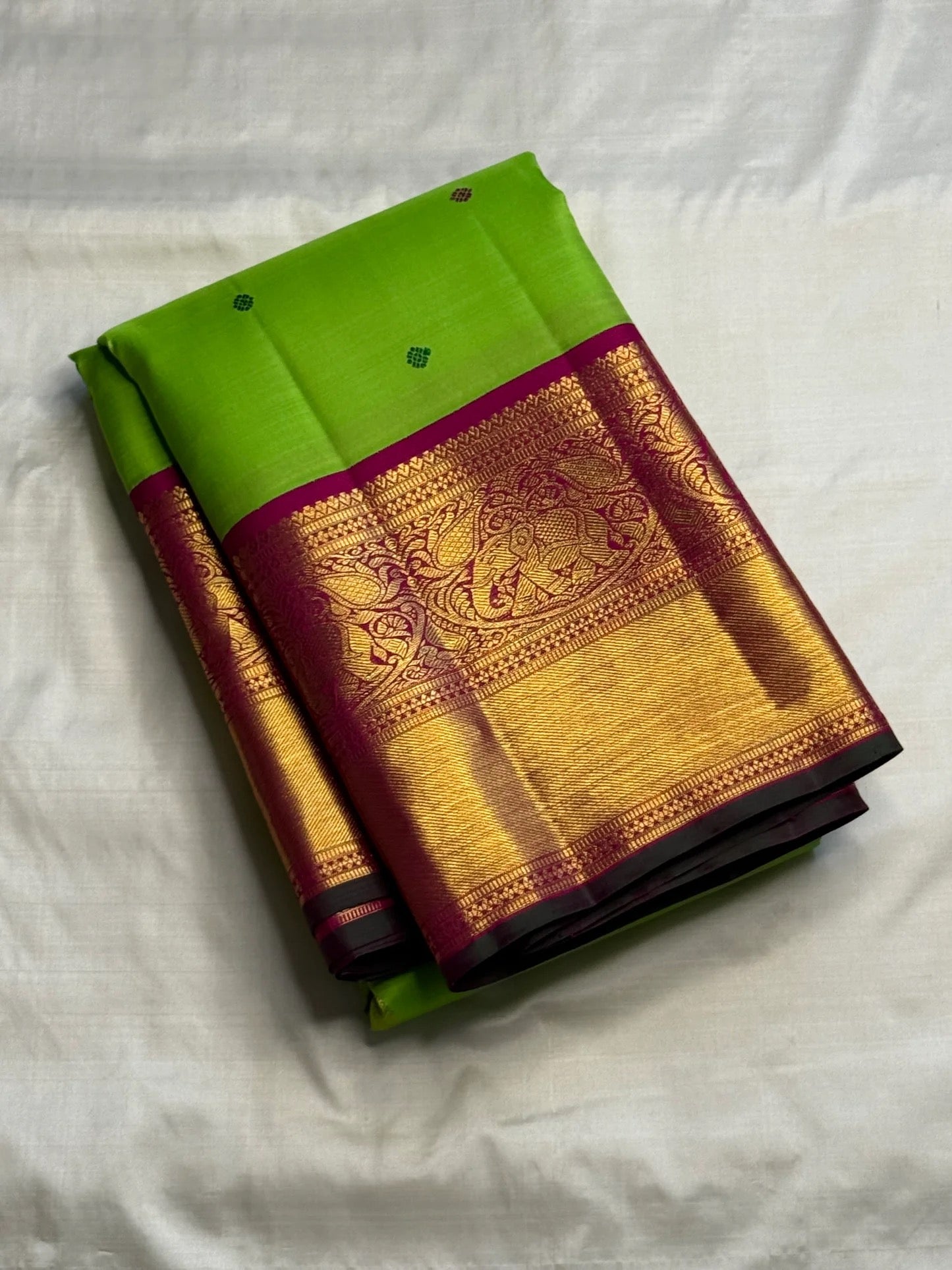 Pachai Green pure silk saree with spaced antique-gold motifs and multicolour silk-thread buttas.