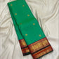 Emerald Aqua Green Shot-Colour Handwoven Pure Silk Kanchi Pattu Korvai Saree with Gold Zari Buttas and Raspberry Pink Pallu