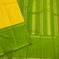 Green Pure Kanchipuram silk saree detail with yellow checked section and fine zari woven stripe accents