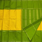 Close view of green Pure Kanchipuram silk saree with vertical zari woven stripes beside yellow micro-check panel