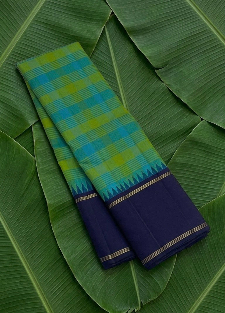 Green Teal Paalum Pazhamum Kanjeevaram Silk Saree with Pillayar Reku and Navy Border
