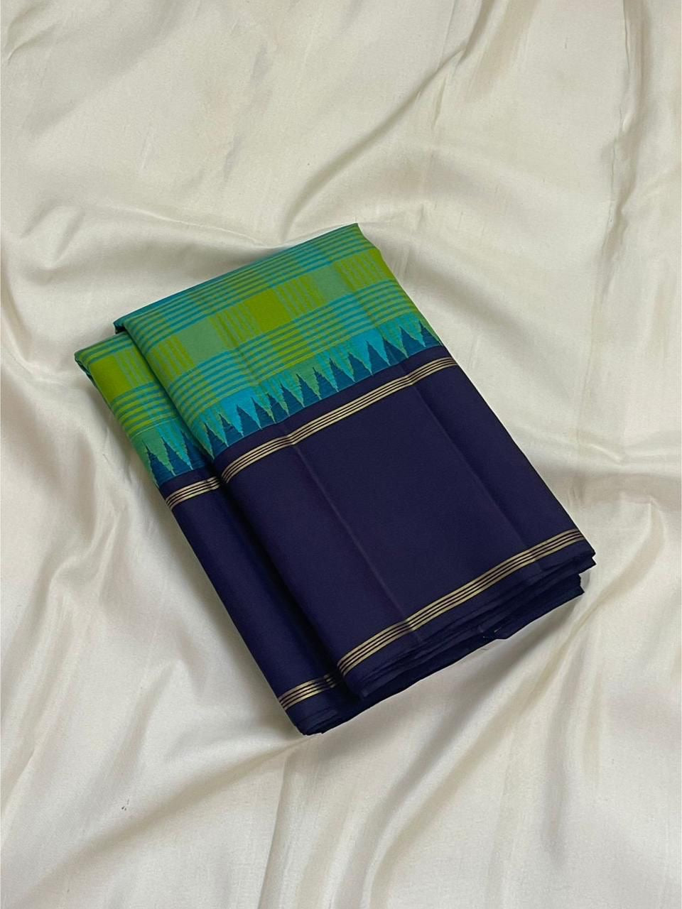 Green Teal Paalum Pazhamum Kanjeevaram Silk Saree with Pillayar Reku and Navy Border