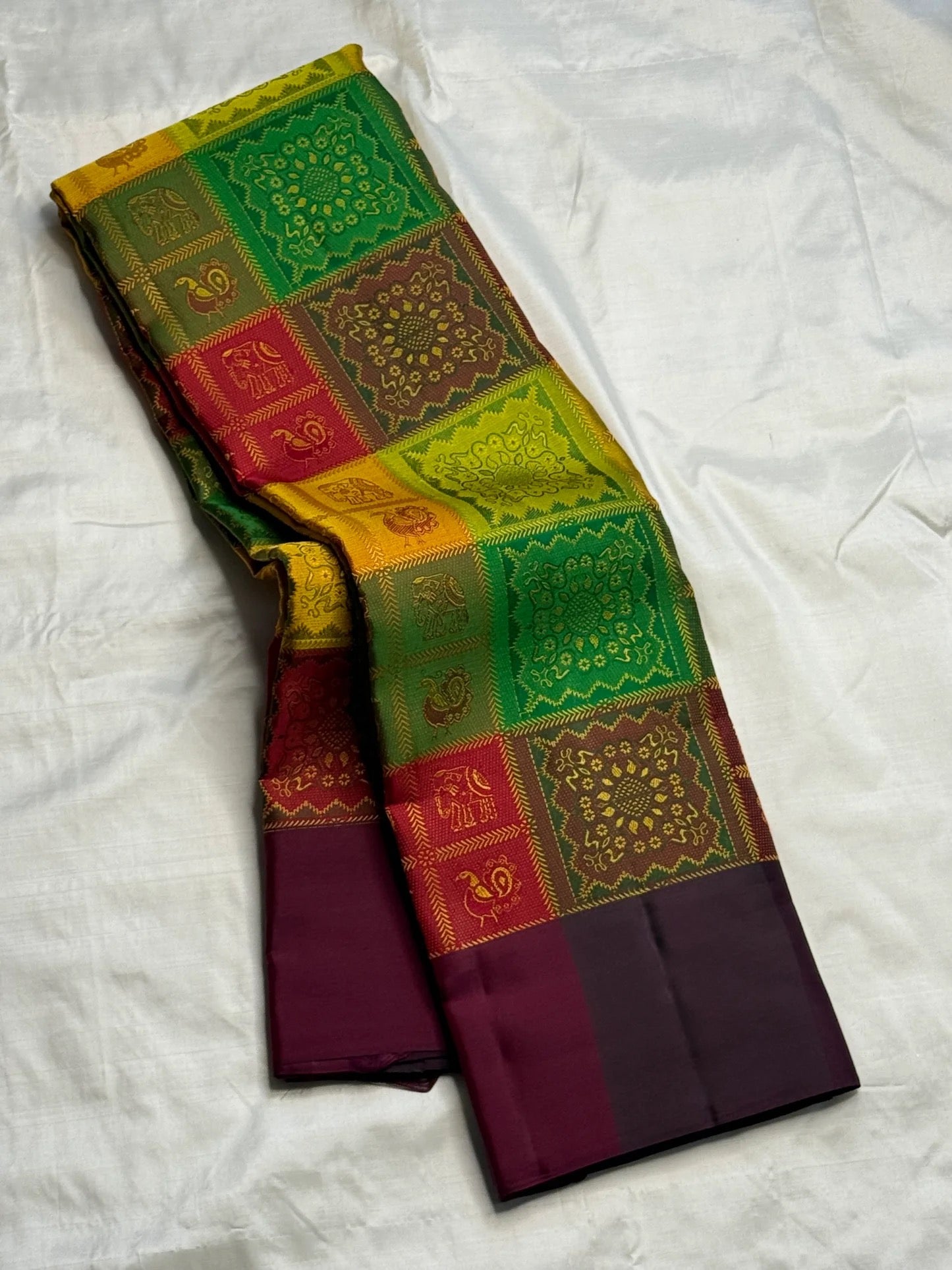 Multicolor Handwoven Pure Silk Kanjivaram Butta Saree with Bomkai Fusion Checks
