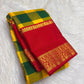 Green and Yellow pure silk Kanjipuram saree, Kanchi Kattam weave with Pillar-Box Red border — border detail