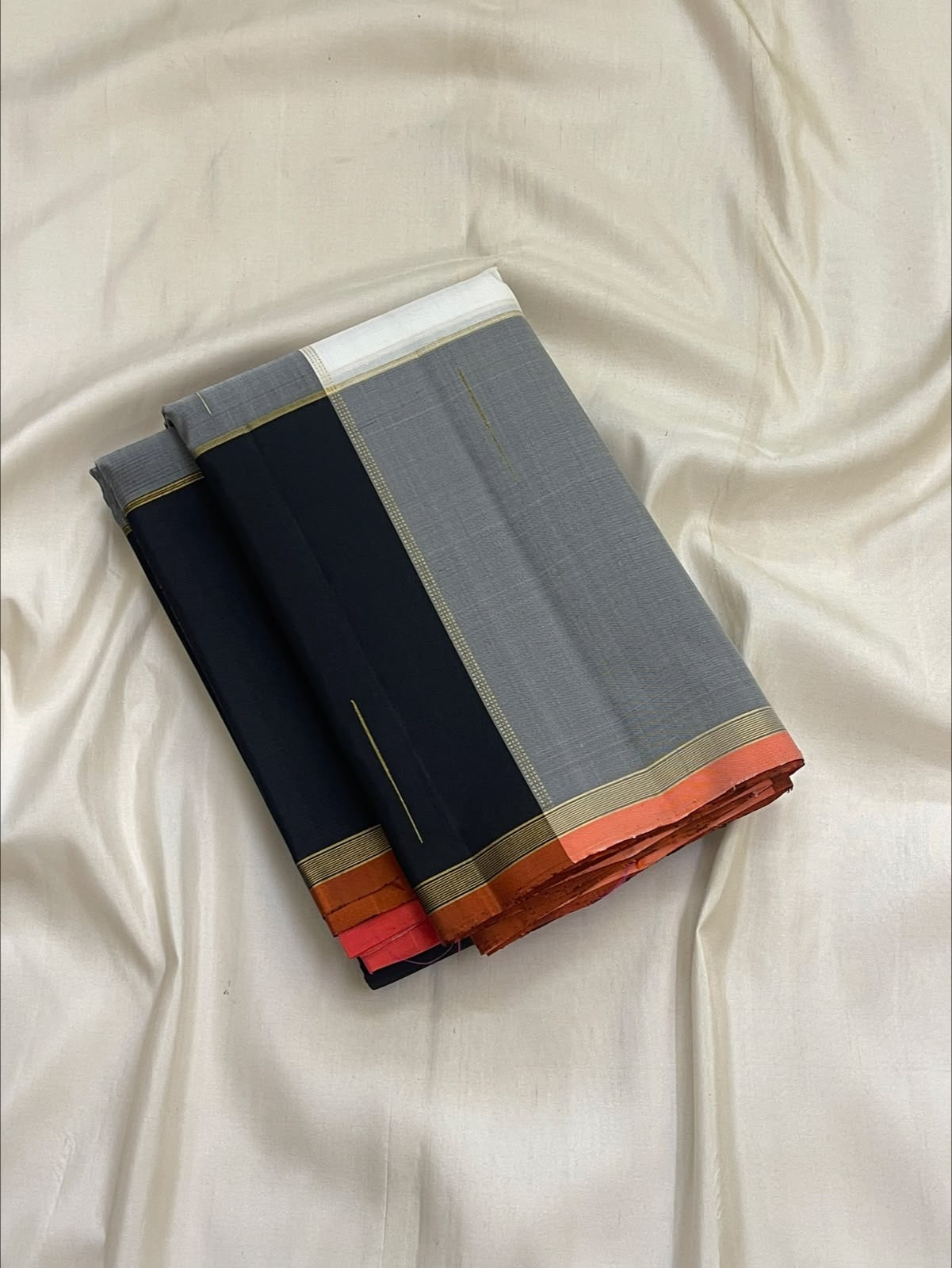 Grey and Black Shot Handwoven Pure Silk Kanchipuram Saree with Orange Paalum Pazhamum Pallu