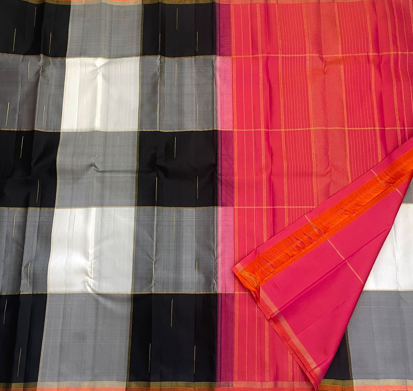 Grey and Black Shot Handwoven Pure Silk Kanchipuram Saree with Orange Paalum Pazhamum Pallu