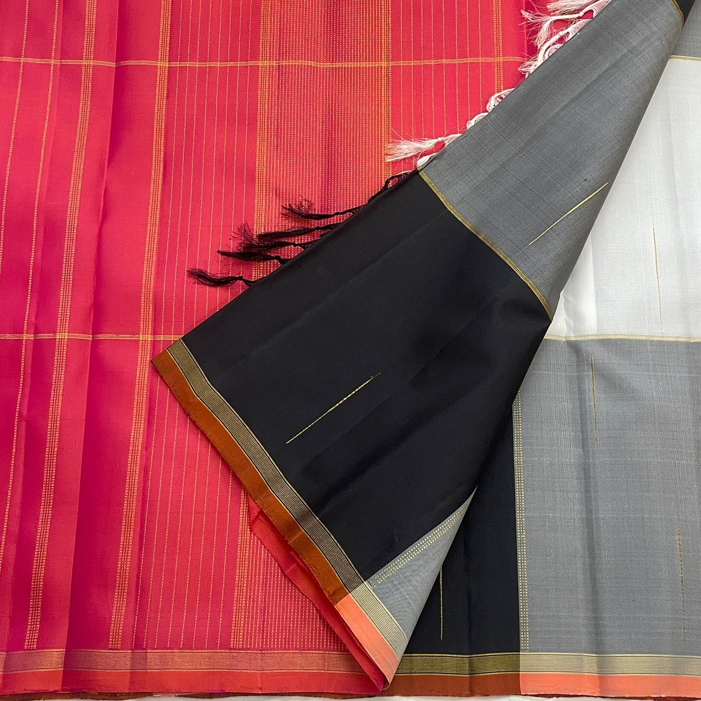 Grey and Black Shot Handwoven Pure Silk Kanchipuram Saree with Orange Paalum Pazhamum Pallu