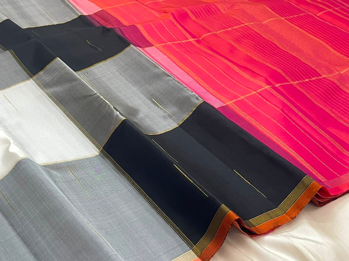 Grey and Black Shot Handwoven Pure Silk Kanchipuram Saree with Orange Paalum Pazhamum Pallu