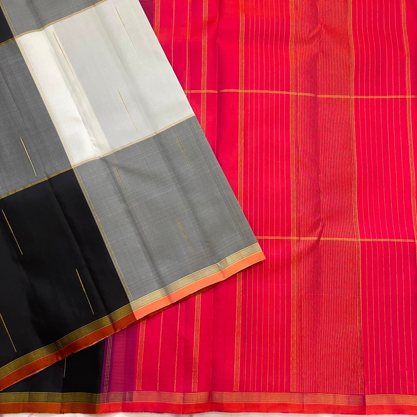 Grey and Black Shot Handwoven Pure Silk Kanchipuram Saree with Orange Paalum Pazhamum Pallu