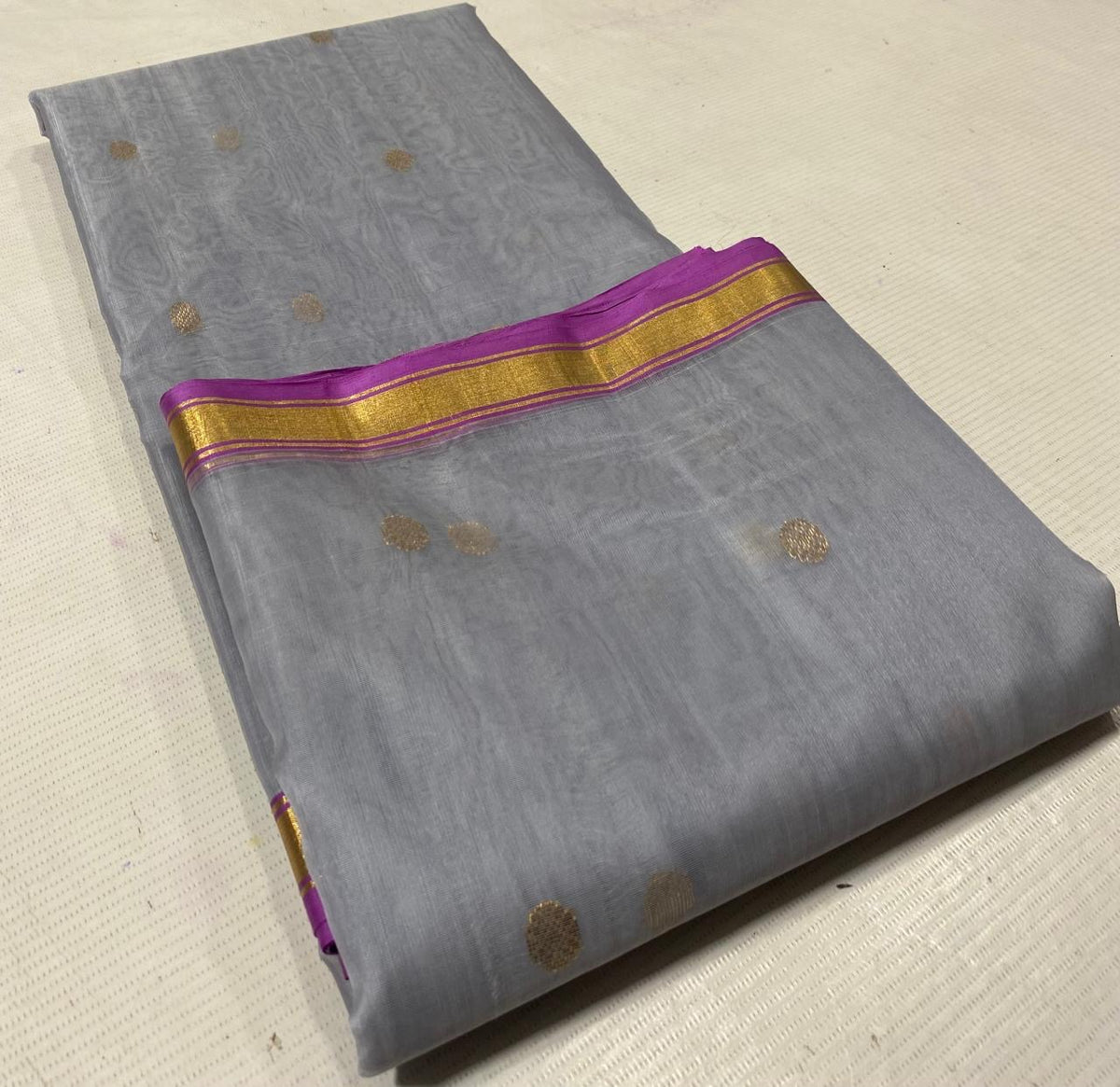 Grey Chanderi silk saree with gold zari border detail