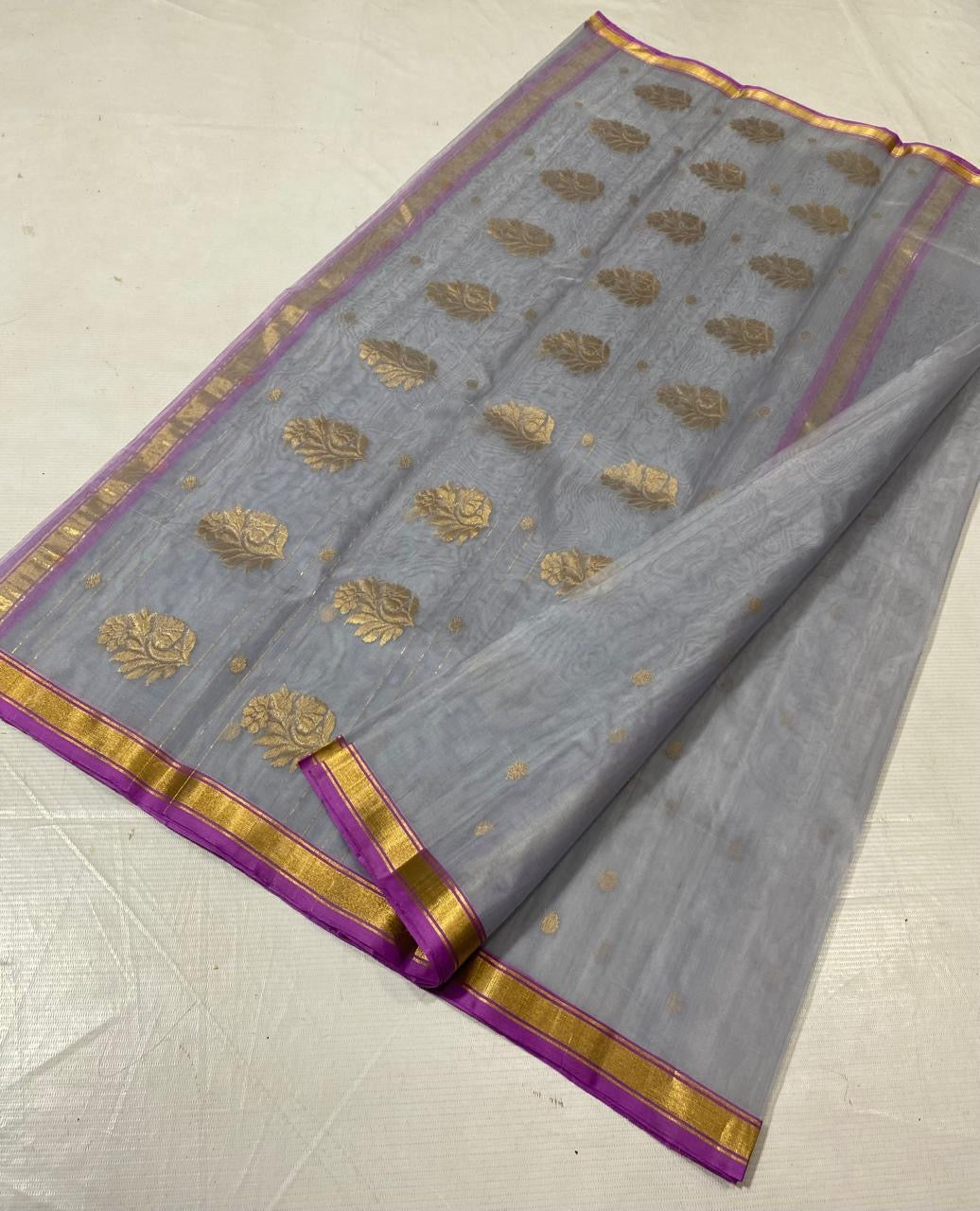 Grey and purple handwoven Chanderi silk saree with gold zari accents