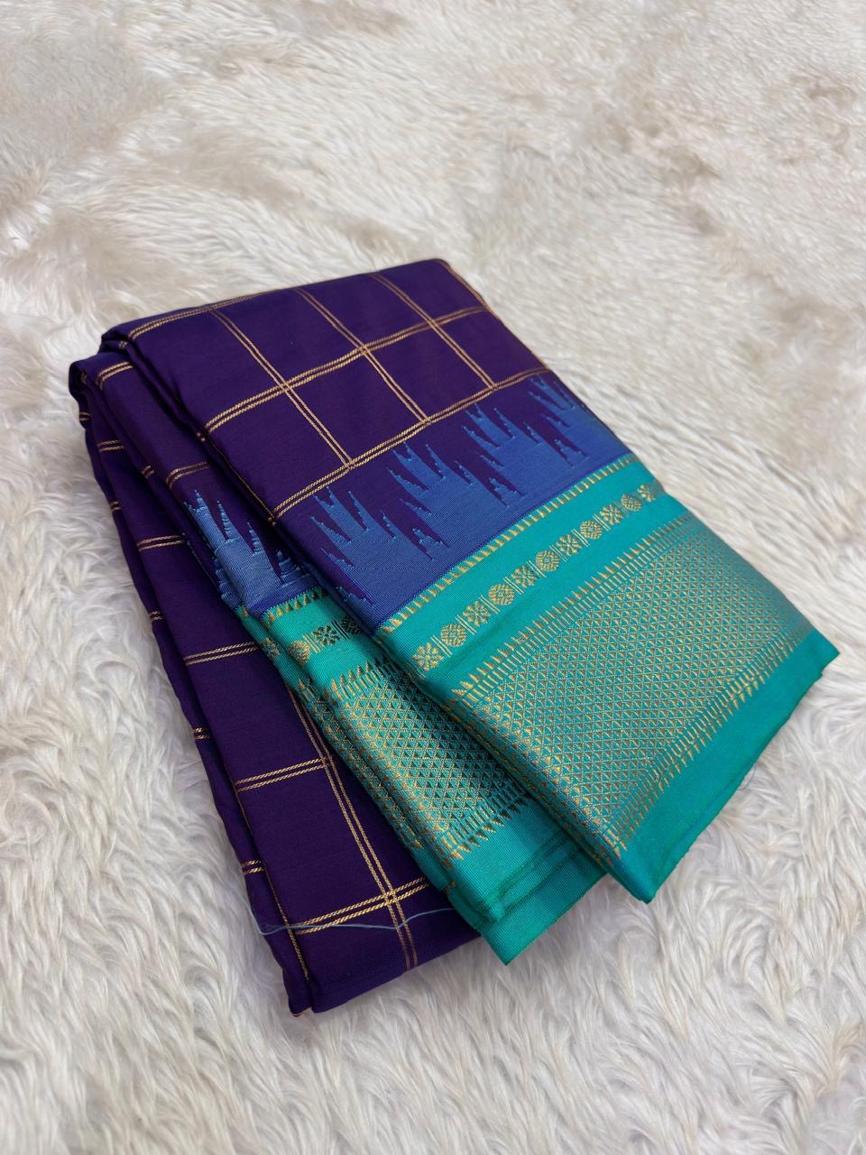 Lightweight Arani silk saree with elegant temple border and silk sheen