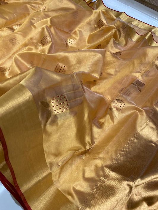 Antique Gold Glow Pure Silk Chanderi Saree folded view with Deep Red Edge Border