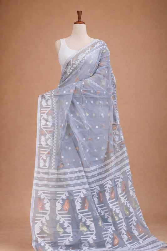 Pure Jamdani Cotton Silk Saree Off White and Grey Handloom Bengal Weave with Woven Buttas