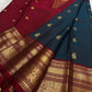 Handloom Kancheepuram silk saree midnight navy blue with burgundy korvai border – full length view