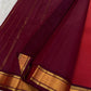 Brick Red and Deep Arakku Maroon lightweight Kanchipuram silk saree, broad gold zari border and striped maroon pallu; pallu detail