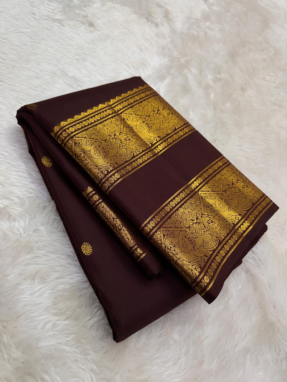 Espresso Brown and Antique Gold Handwoven Pure Silk Kanjivaram Saree with Rettapet Border and Mayil Chakram Butta