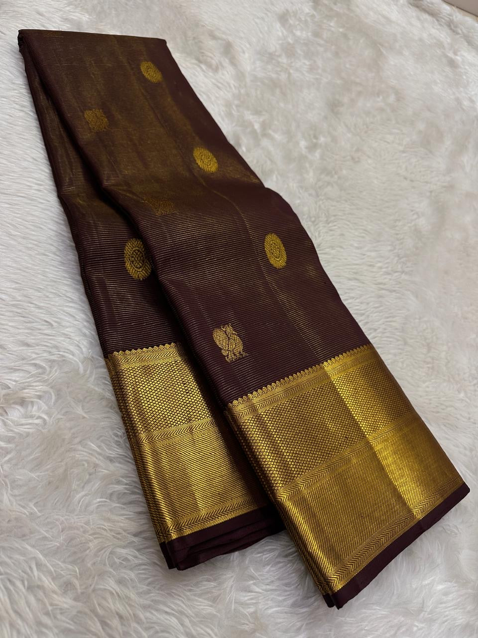 Deep Mahogany Brown and Antique Gold Handwoven Pure Silk Kanchipuram Saree with Vairaoosi and Mayil Chakram Butta