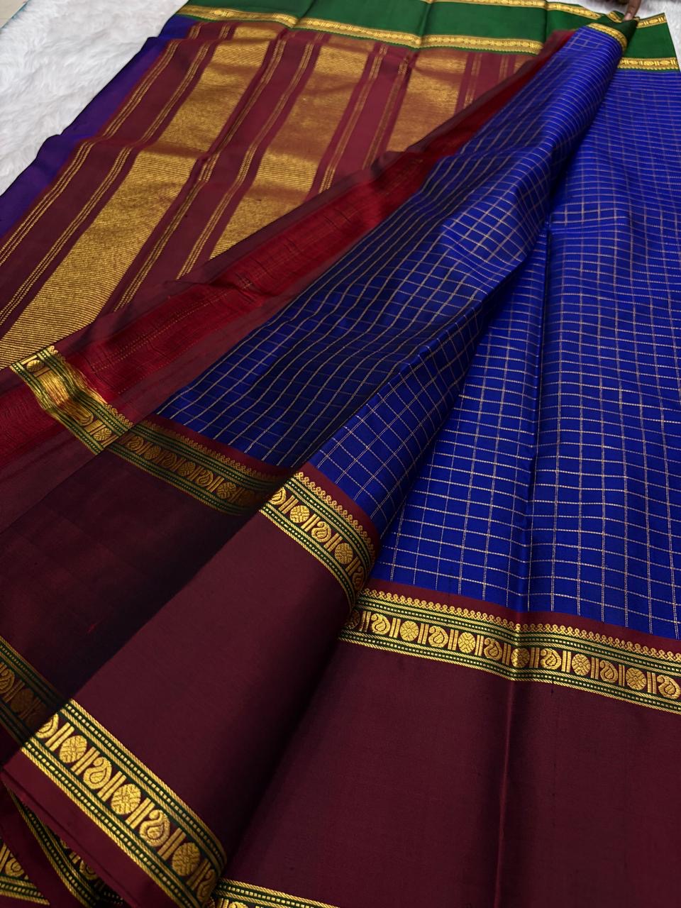 Jewel Blue and Deep Vermillion Handwoven Pure Silk Kanjivaram Saree with Rettapet Border and Zari Kattam