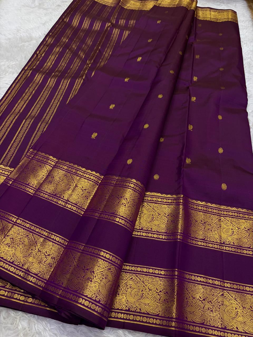 Jewel Purple and Antique Gold Handwoven Pure Silk Kanchipuram Saree with Rettapet Border and Mayil Chakram Butta