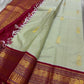 Sage green Pure Kanchipuram silk saree spread with maroon zari woven pallu and tassels, shipped from New Jersey USA