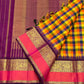Close view of gold zari woven border and pink panel on pure Kanchipuram silk saree, shipped from New Jersey USA
