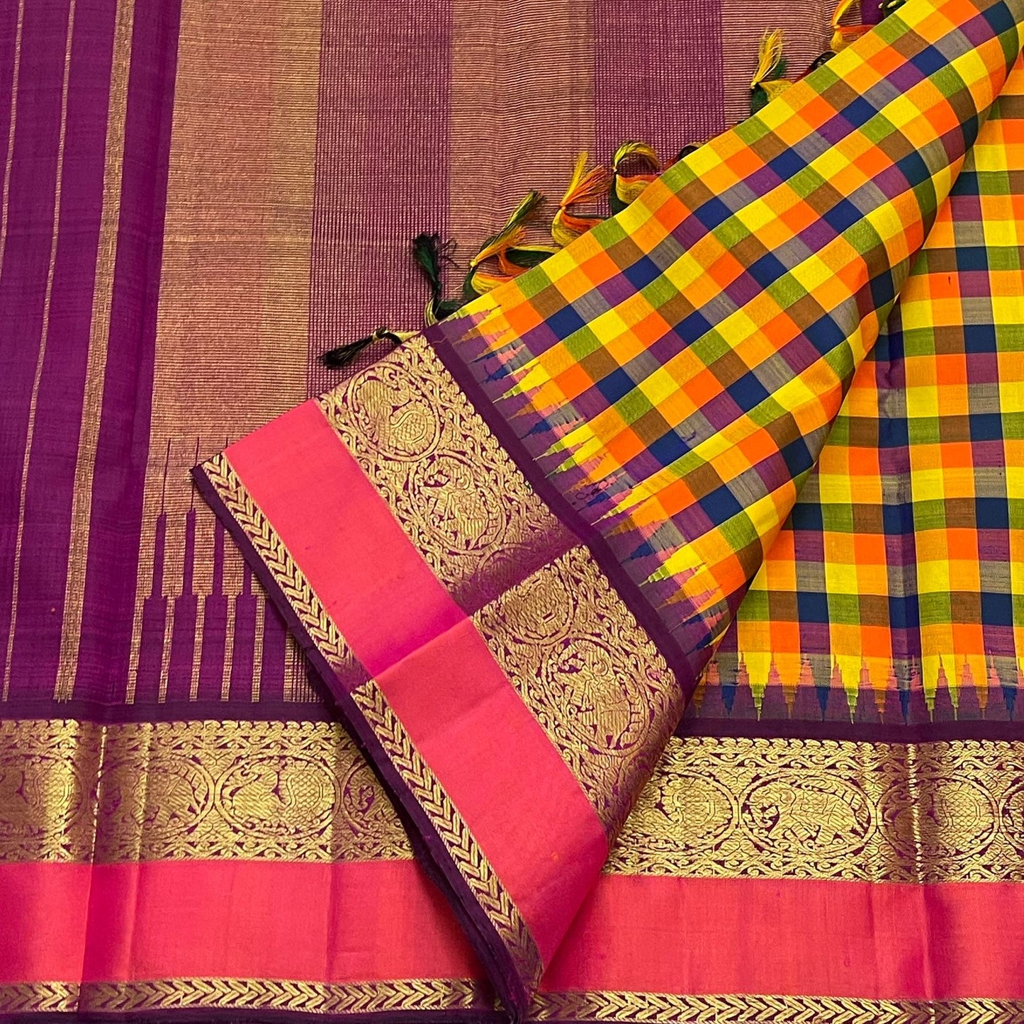 Close view of gold zari woven border and pink panel on pure Kanchipuram silk saree, shipped from New Jersey USA