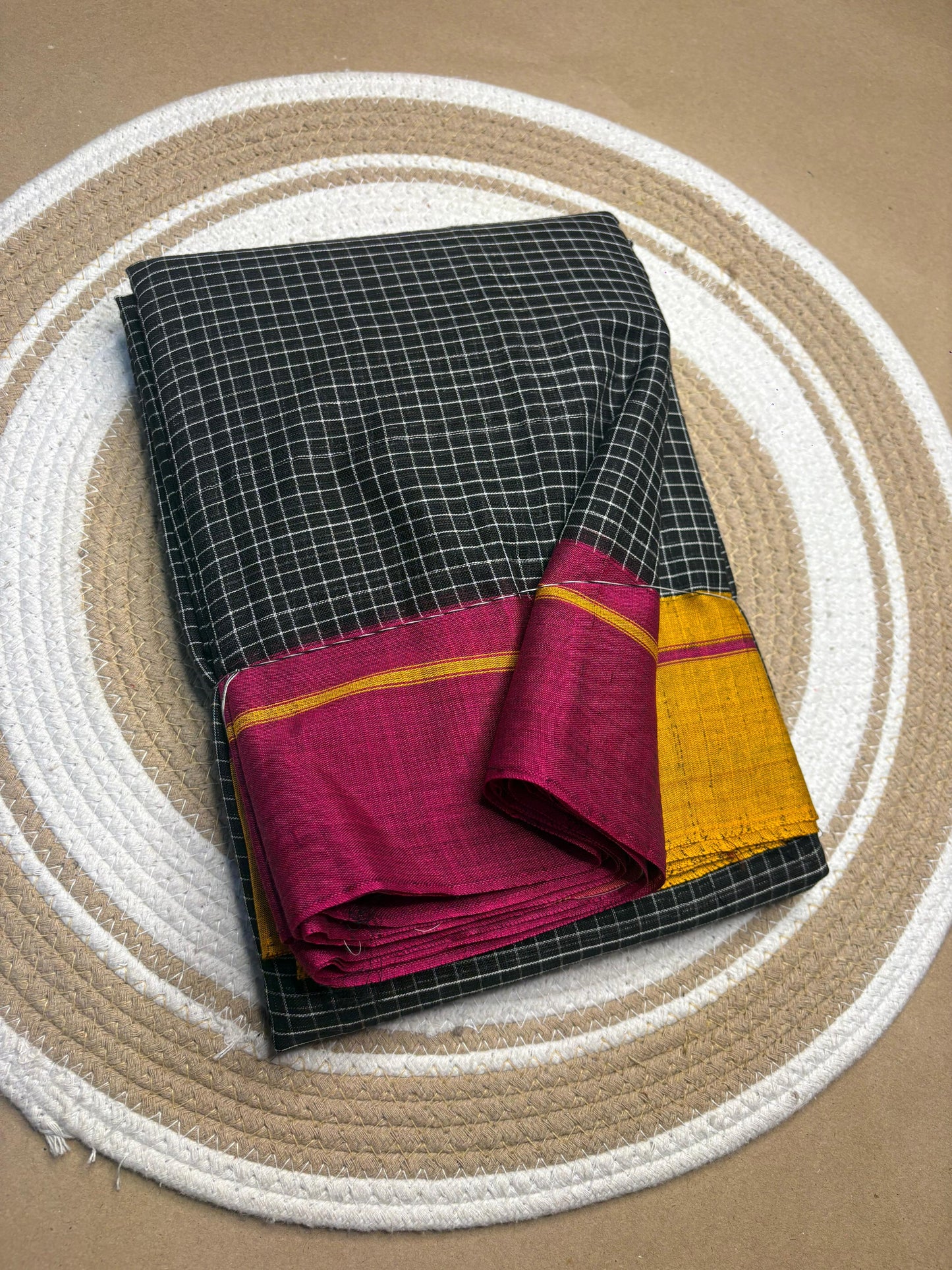 Handloom Patteda Anchu cotton saree full drape front view — Idam Living